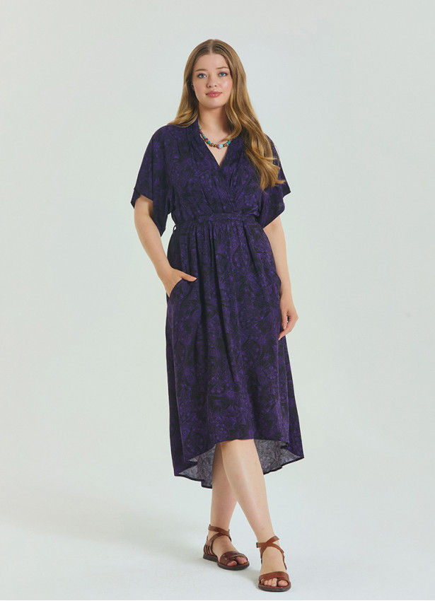 V Neck Pleated Detail Purple Summer Plus Size Dress 4605
